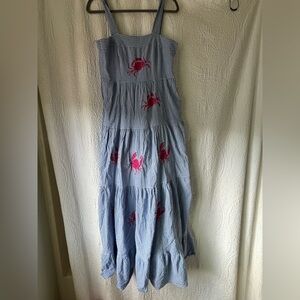 Blue Gingham Dress with Pink Crab Embroidery